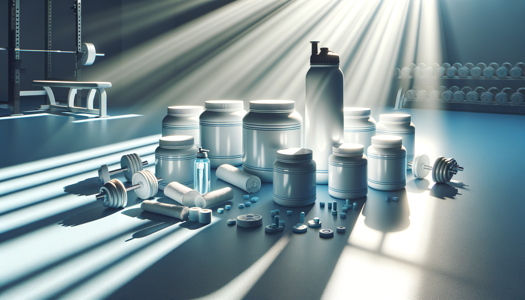 Image of supplement containers and water bottle on sunlit gym floor with energetic, clean atmosphere